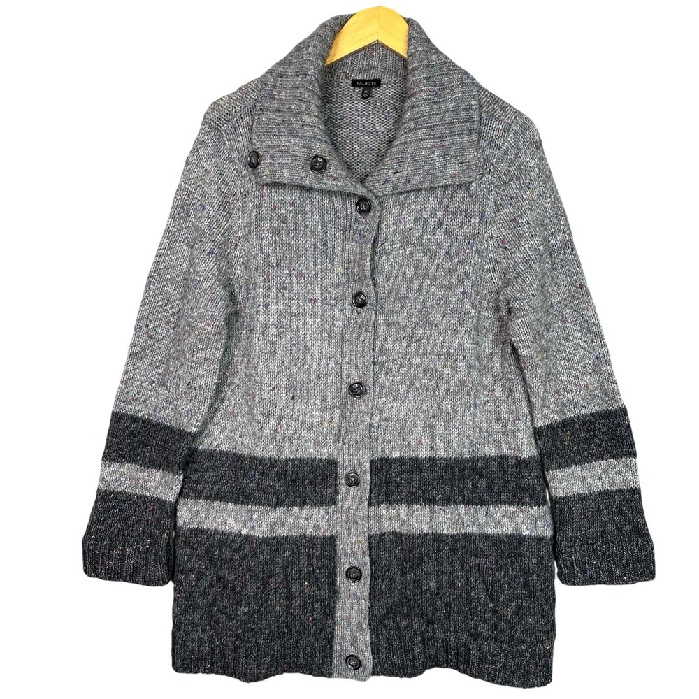 Talbots Cardigan Sweater Womens XL Gray Wool Blend Colorblock Cottagecore Button